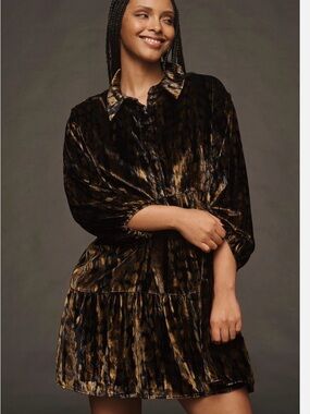 Maeve Bettina Tiered Shirt Dress Velvet Edition Anthropologie Brown Size M